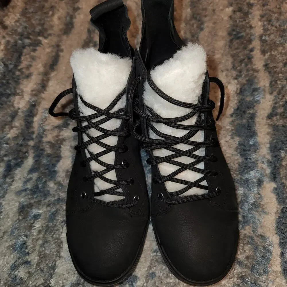 Eileen Fisher Womens Calm Black Suede Fur Trim Lace Up Ankle Booties 7.5